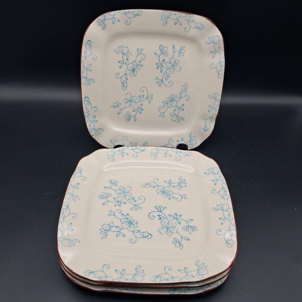Temptations Floral Lace Blue Square Salad Plates Presentable Ovenware Set 4